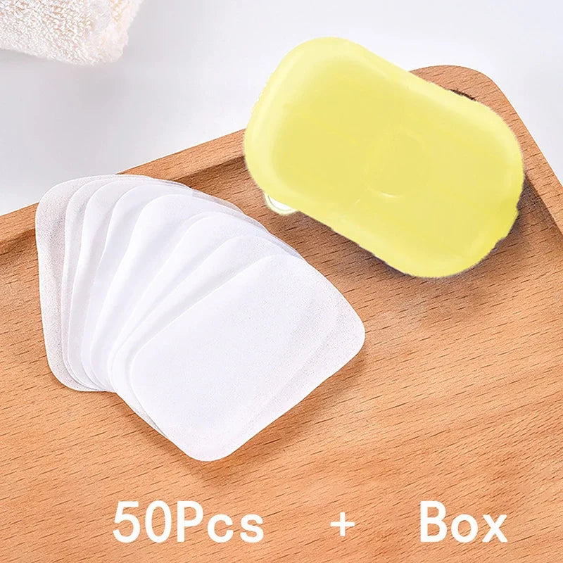 50pcs/1box Portable Bathroom Soap Slices Bath Hand Washing Slice Sheets Outdoor Travel Scented Foaming Soap Paper Soap Tablets