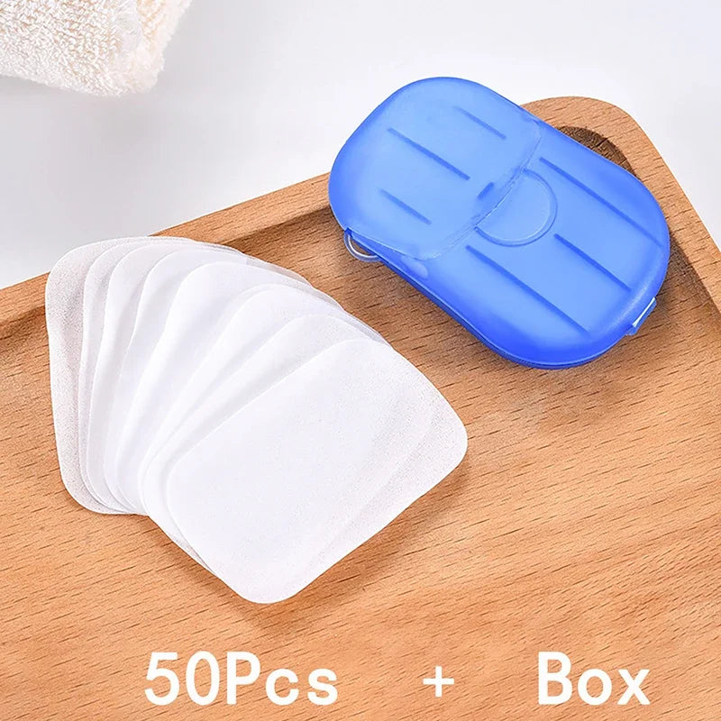 50pcs/1box Portable Bathroom Soap Slices Bath Hand Washing Slice Sheets Outdoor Travel Scented Foaming Soap Paper Soap Tablets