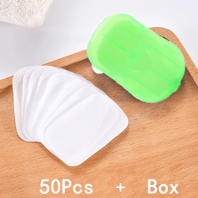 50pcs/1box Portable Bathroom Soap Slices Bath Hand Washing Slice Sheets Outdoor Travel Scented Foaming Soap Paper Soap Tablets