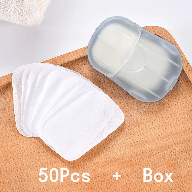 50pcs/1box Portable Bathroom Soap Slices Bath Hand Washing Slice Sheets Outdoor Travel Scented Foaming Soap Paper Soap Tablets