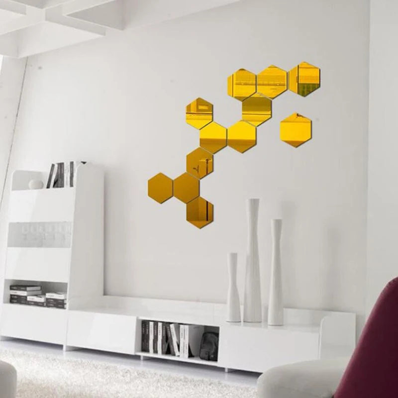 12 Self-adhesive Wall Stickers Living Room TV Background Wall Decoration Mirror Decoration Hexagonal Wall Stickers