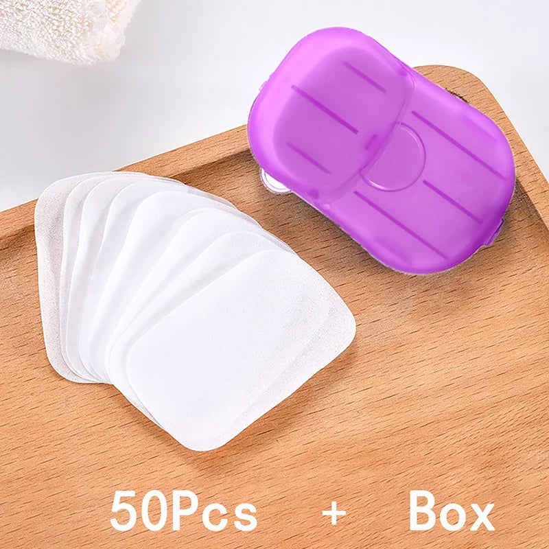 50pcs/1box Portable Bathroom Soap Slices Bath Hand Washing Slice Sheets Outdoor Travel Scented Foaming Soap Paper Soap Tablets