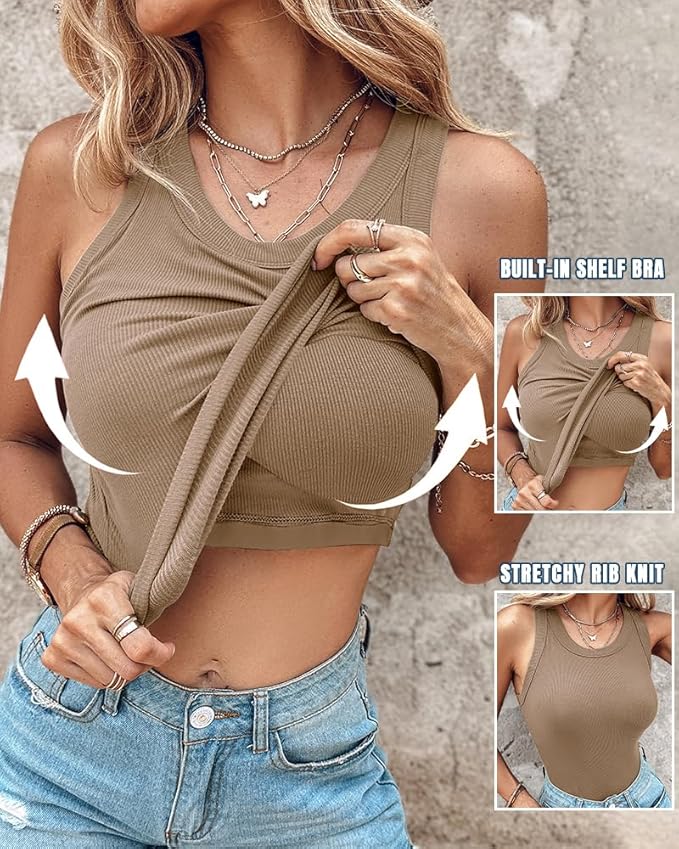 Round Neck Built-in Bra Ribbed Tank Top