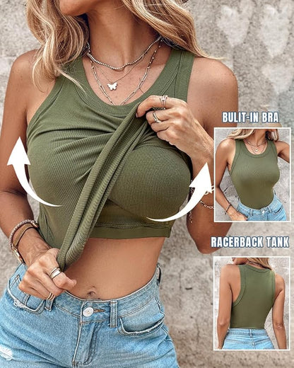 Round Neck Built-in Bra Ribbed Tank Top