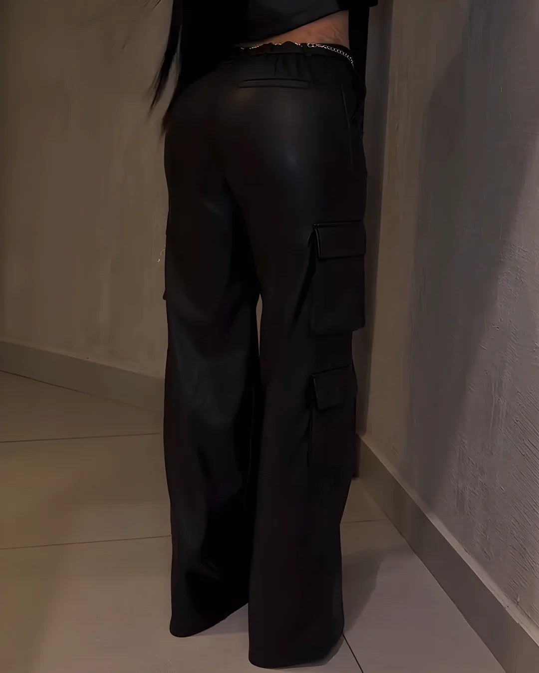 Women's Cargo Style Wide-Leg Leather Pants