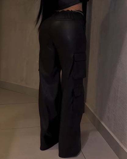 Women's Cargo Style Wide-Leg Leather Pants