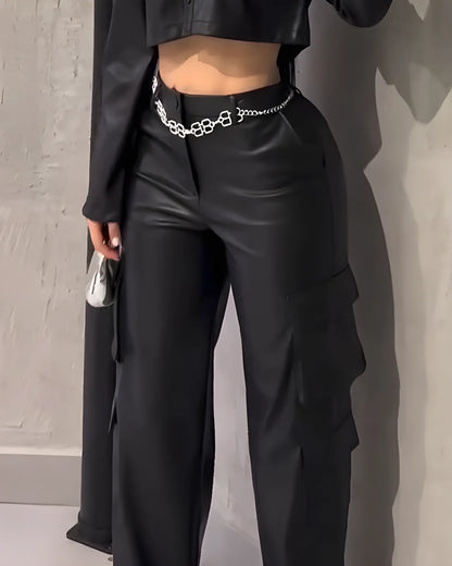 Women's Cargo Style Wide-Leg Leather Pants