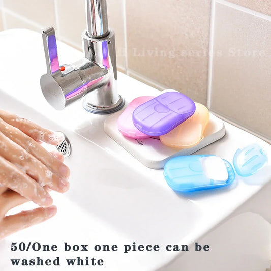 50pcs/1box Portable Bathroom Soap Slices Bath Hand Washing Slice Sheets Outdoor Travel Scented Foaming Soap Paper Soap Tablets
