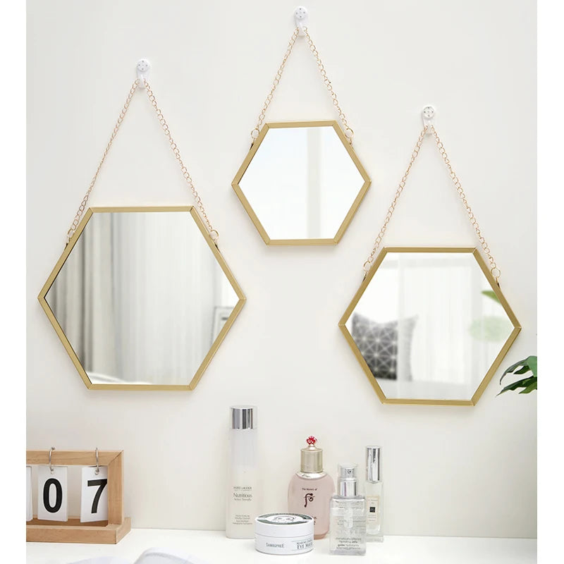 Hexagon Shape Decorative Mirror Wall Decor Makeup Hanging Mirror Bathroom Cosmetic Mirror Bedroom Room Wall Decoration