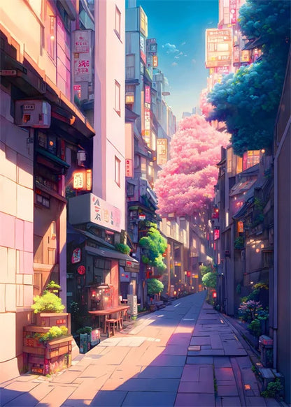 Japanese Street Scenery Sakura Architecture Canvas Posters and Prints Wall Art Paintings Mural for Modern Living Room Home Decor