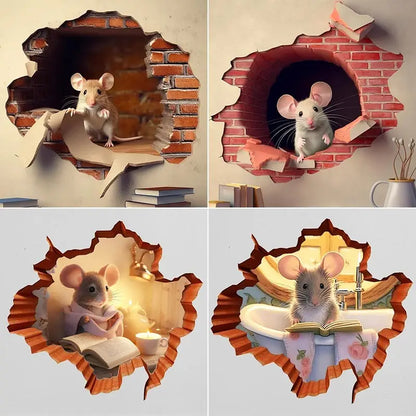 M735 Cute Mouse Hole Wall Sticker , Mouse Reading Book in Wall Hole decal, Mouse Hole Sticker, Mouse Reading Decor