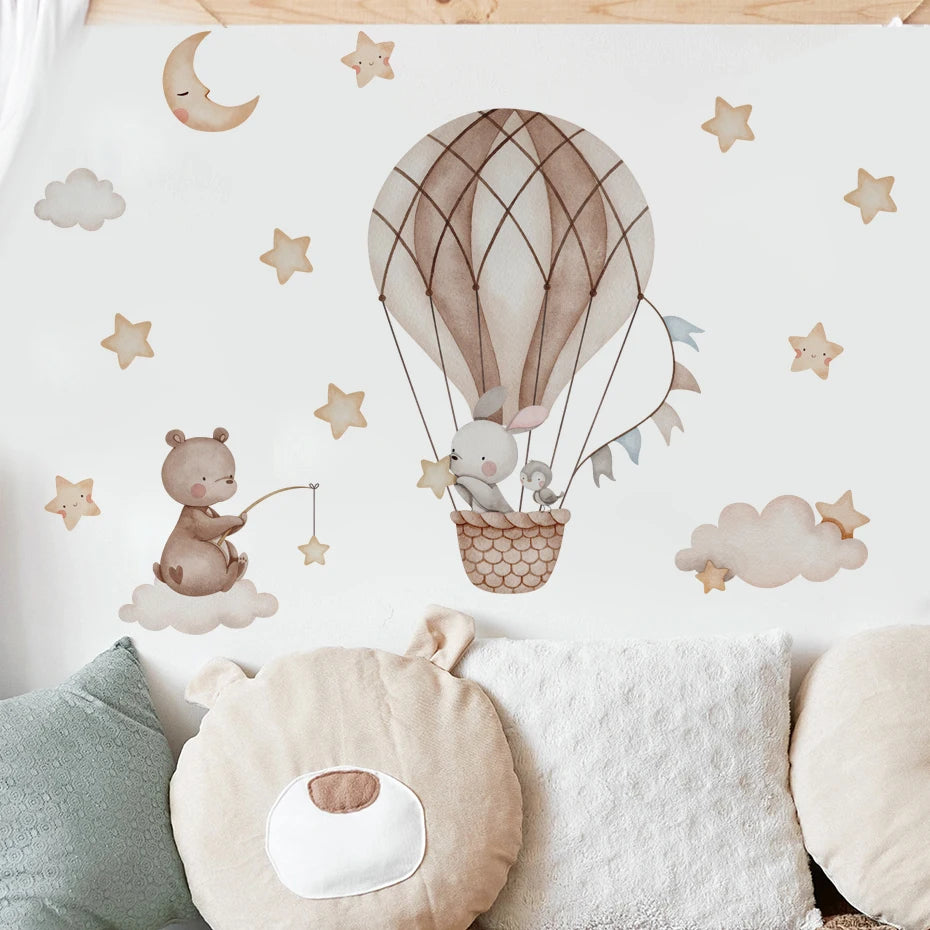 Cartoon Hot Air Balloon Animals Bear Rabbits Wall Stickers for Child Room Boy Room Decoration Nursery Baby Room Decoration Decal