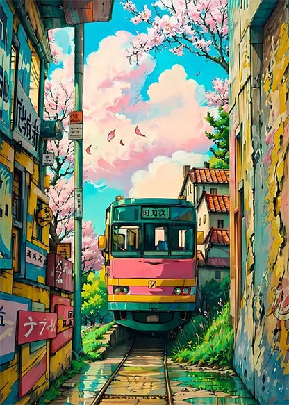 Japanese Street Scenery Sakura Architecture Canvas Posters and Prints Wall Art Paintings Mural for Modern Living Room Home Decor