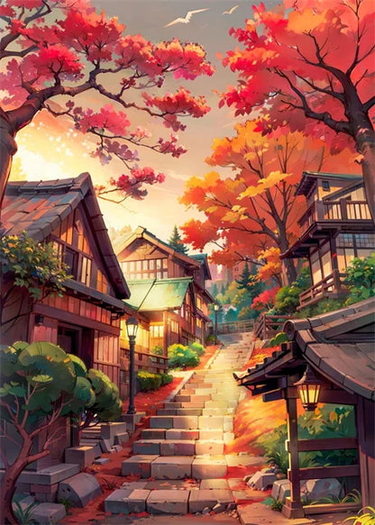 Japanese Street Scenery Sakura Architecture Canvas Posters and Prints Wall Art Paintings Mural for Modern Living Room Home Decor
