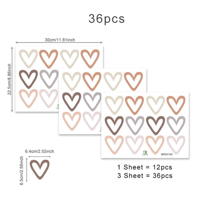 36pcs Heart Shape Trendy Boho Style Wall Stickers Bohemian Wall Decals for Living Room Bedroom Nursery Room Kids Room Home Decor
