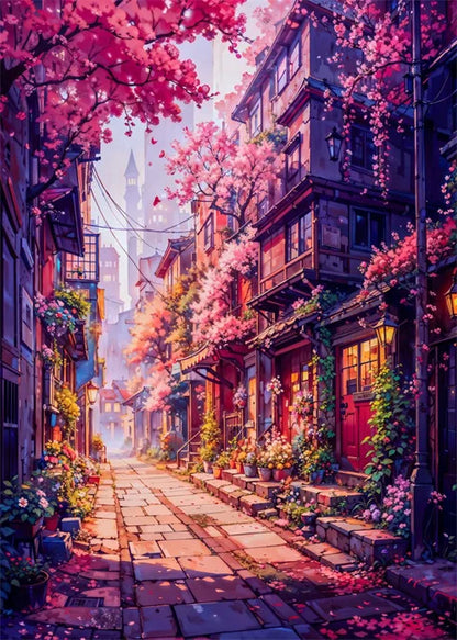 Japanese Street Scenery Sakura Architecture Canvas Posters and Prints Wall Art Paintings Mural for Modern Living Room Home Decor