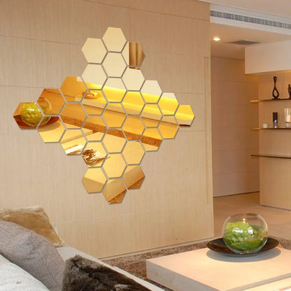 12 Self-adhesive Wall Stickers Living Room TV Background Wall Decoration Mirror Decoration Hexagonal Wall Stickers