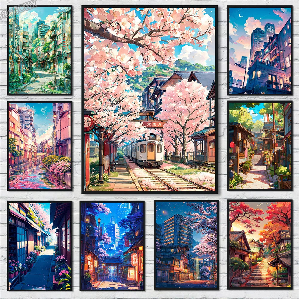 Japanese Street Scenery Sakura Architecture Canvas Posters and Prints Wall Art Paintings Mural for Modern Living Room Home Decor