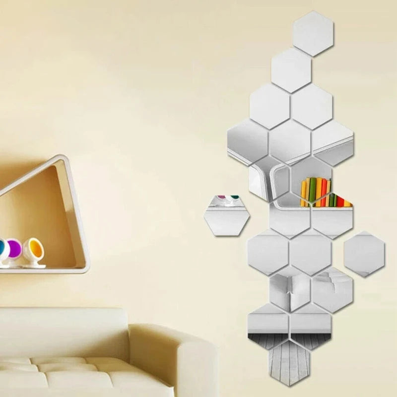 12 Self-adhesive Wall Stickers Living Room TV Background Wall Decoration Mirror Decoration Hexagonal Wall Stickers