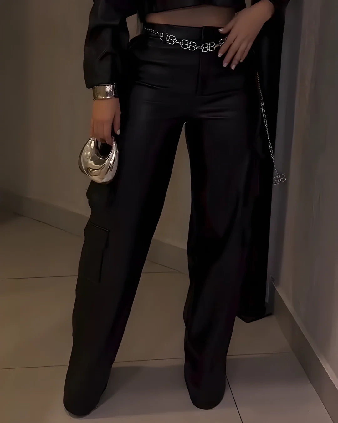 Women's Cargo Style Wide-Leg Leather Pants